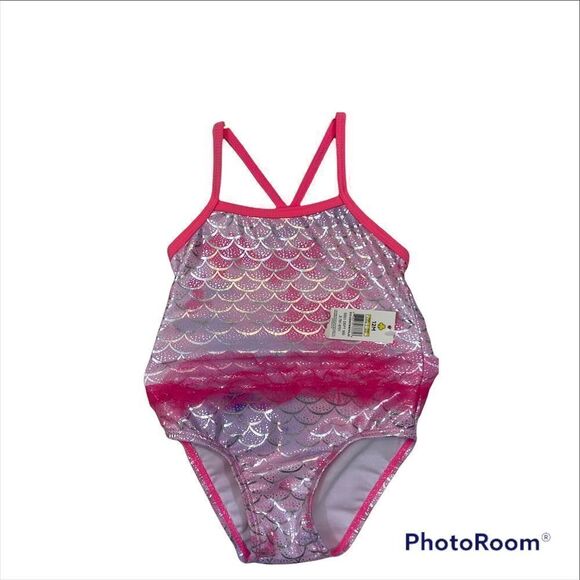 NWT Girls Real Love Brand Pink Mermaid Print One Piece Bathing Suit - Picture 2 of 5